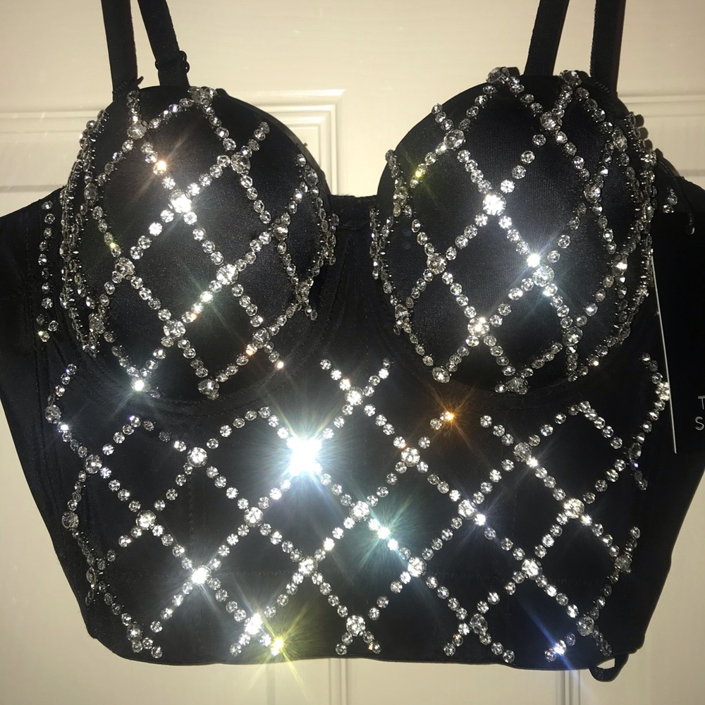 Black Rhinestone Bustier Crop Top